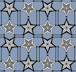 Geometric star pattern with intricate black outlines and grey shading on a blue background. Vector illustration for fabric, textile, pillow print, monochrome texture, fashion design