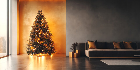 Photo of a modern living room featuring a glowing Christmas tree adorned with warm fairy lights, set against a golden accent wall and a dark, cozy sofa with matching pillows