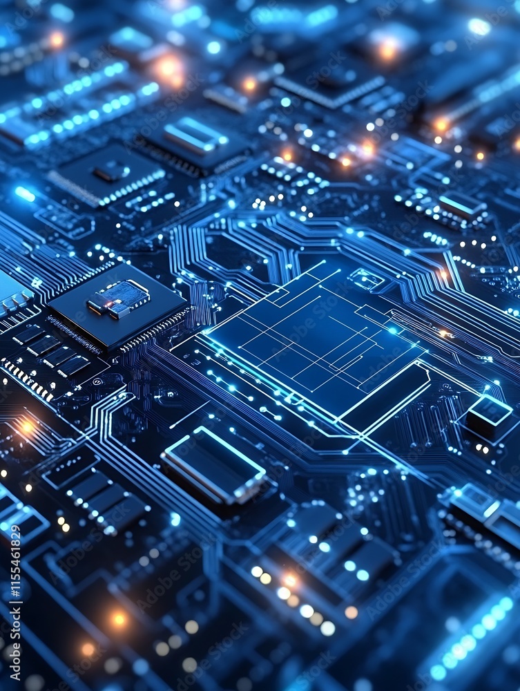 Aufkleber futuristic circuit board closeup in blue and orange with glowing connections and microchips : genera