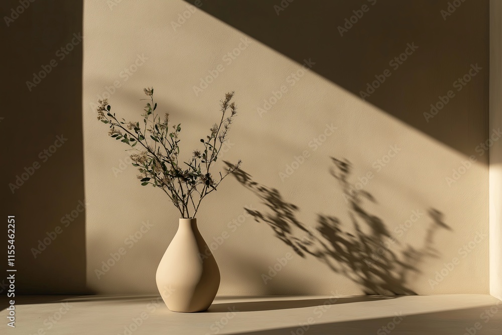 Poster a single teardrop-shaped vase with a dried flower on a neutral background