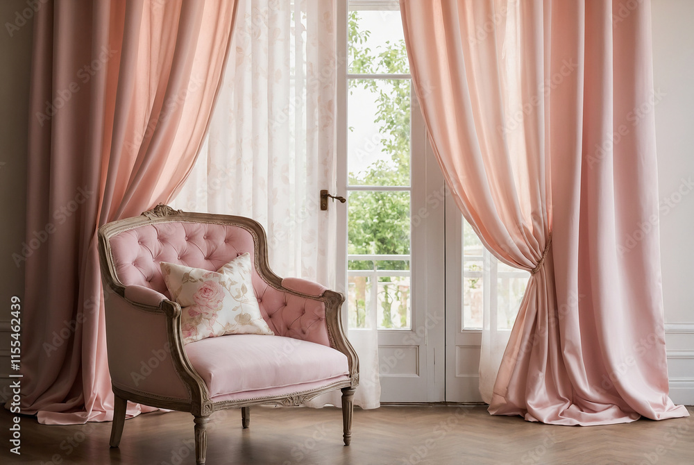 Poster curtains in pastel pink and cream, creating a soft and elegant display background