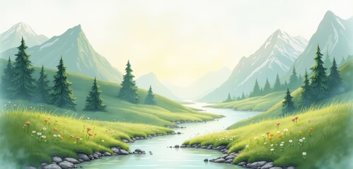 A serene landscape featuring a tranquil river flowing through lush green meadows and majestic mountains, ideal for nature-themed projects and relaxation materials.