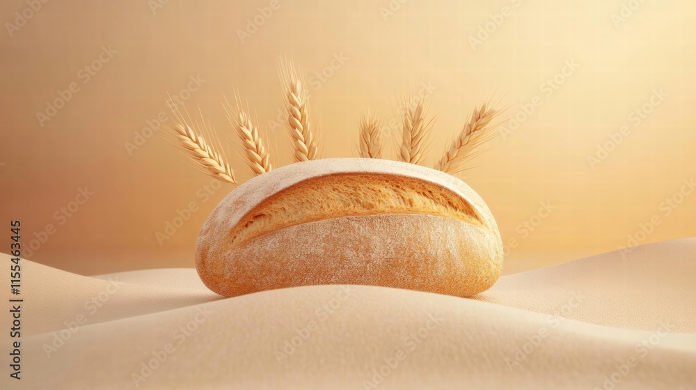 Poster Minimalist bread loaf with wheat grains on a sandy surface ideal for mock up and text placement opportunities. Generative AI