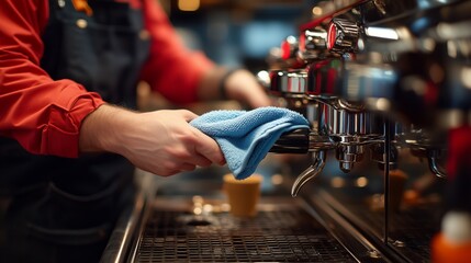 Barista cleans espresso machine with a blue towel at a bustling cafe.