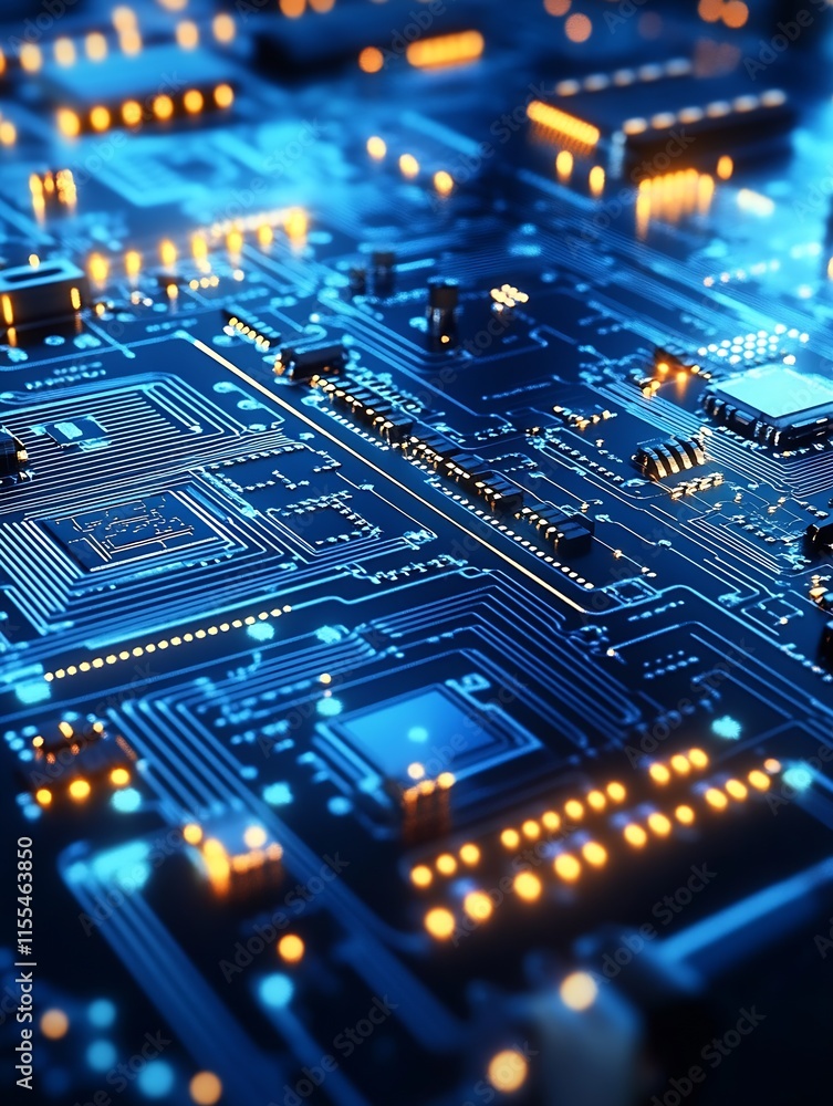 Poster futuristic blue circuit board with led elements and microchips for high tech design concepts : gener