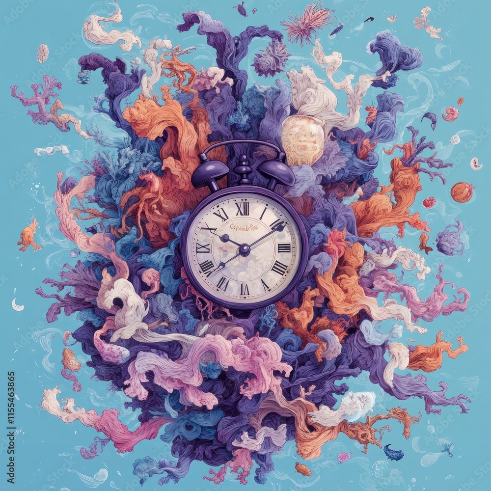 Aufkleber explore the vibrant abstract clock surrounded by flowing symbols of health and happiness, time as gr
