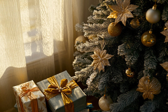 Photo of a frosted Christmas tree with golden ornaments and delicate ribbons, accompanied by beautifully wrapped presents in golden light near sheer curtains - Powered by Adobe