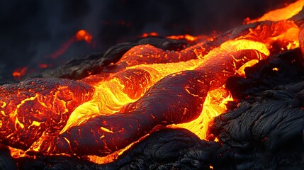 Ropelike lava flow with vibrant glowing textures amidst cooling surfaces : Generative AI