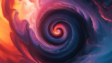 Abstract swirling vortex of vibrant purples, oranges, and blues. A mesmerizing digital artwork.
