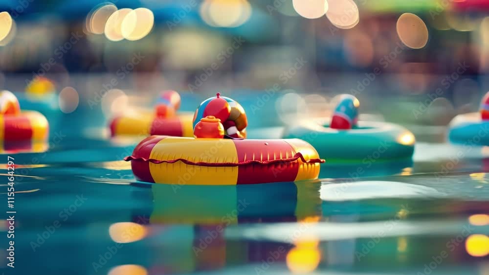 Poster hazy sea of pool rafts and floating figures.
