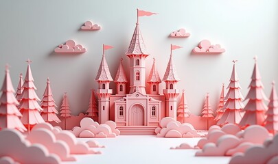 Whimsical pink castle scene crafted from paper, evoking a fantasy world. Perfect for childrens themes, storytelling, or creative projects.