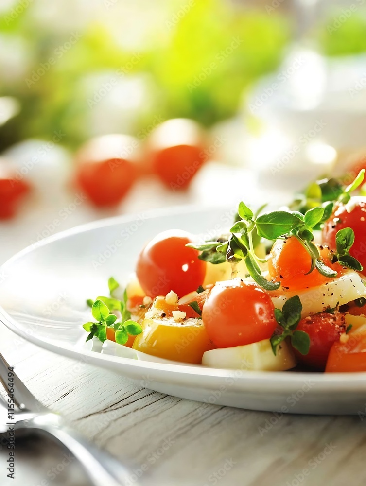 Aufkleber vibrant fresh tomato and herb salad on a rustic wooden table setting : generative ai