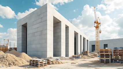 Building walls with aerated concrete blocks on construction site