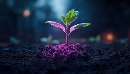 Witness the vibrant emergence of young shoots pushing through rich black soil, a powerful symbol of soil health and organic growth This scene embodies the vitality of nature's cycle, showcasing the