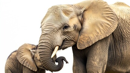 Tender Mother Elephant with Calf in Minimalistic Background Shows Love and Bonding in Nature : Generative AI