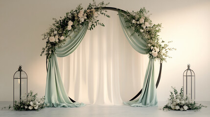 Circular wedding arch with floral decor and draped fabric.