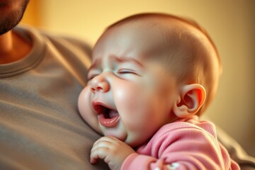 A sleepy baby yawns adorably while snuggled against a parent. Soft light fills the room, creating a warm and calming atmosphere perfect for naptime