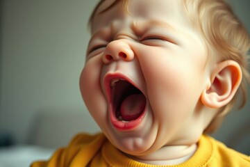 A delightful baby yawns wide, showcasing a cute expression with expressive eyes in a warm indoor environment, highlighting a peaceful moment in the afternoon