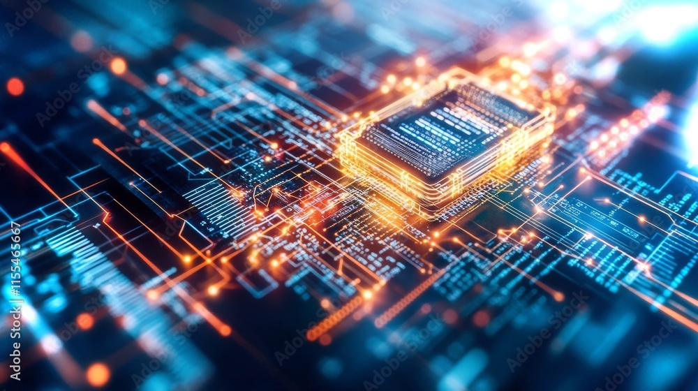 Poster exploring the intricate design of a microchip within a high-tech digital circuit landscape
