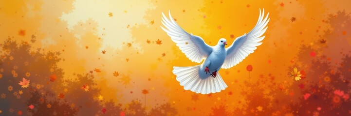 Obraz premium A serene illustration of a flying dove against a vibrant sunset backdrop, symbolizing peace, freedom, and hope, ideal for various creative and commercial projects.