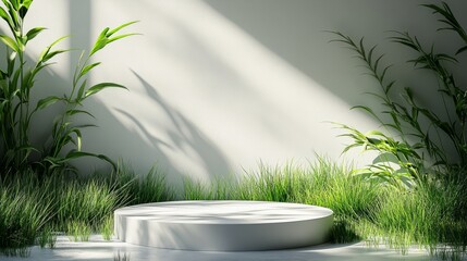 Geometric white podium on lush grass, creating a bold contrast against the plain white background