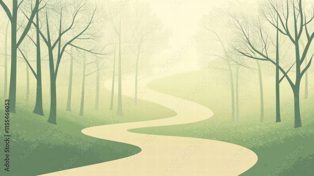 Poster Winding path through a serene minimalist forest landscape inviting exploration and reflection. Generative AI