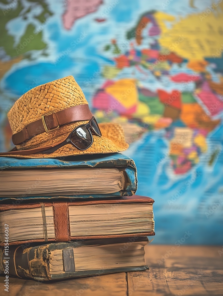 Poster Stack of Books with Straw Hat and Sunglasses on World Map Global Exploration : Generative AI