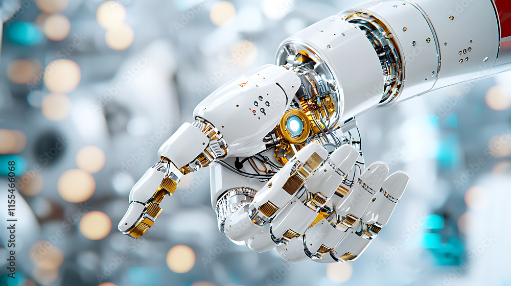 Poster robotic hand interaction futuristic lab digital art high-tech environment close-up view ai innovatio