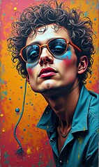 A bold portrait of a young person with curly hair and stylish sunglasses, set against a vibrant, abstract background. Perfect for creative projects and youth-oriented brands.
