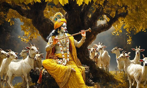 Krishna plays flute with goats under tree.