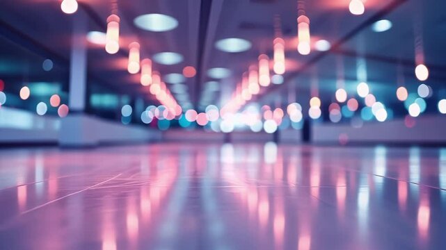 Soft lights and hazy movements in an indoor roller skating arena.