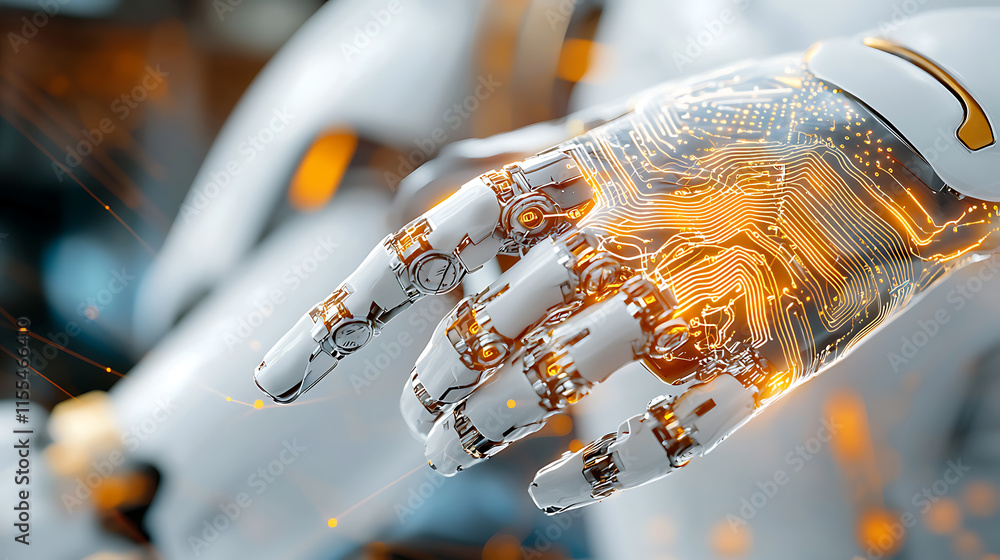 Poster revolutionary robotic hand displaying advanced technology in a futuristic lab environment
