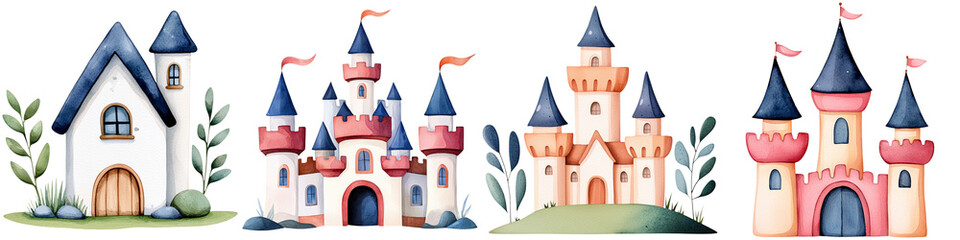 Obraz premium Fairy and myth sparkle, A whimsical collection of colorful castles and a house featuring pointed roofs, rounded windows, and green foliage accents.