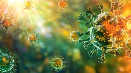 Surreal Representation of Colorful Virus Particles in an Abstract Background with Bokeh and Light Effects for Medical and Scientific Illustrations