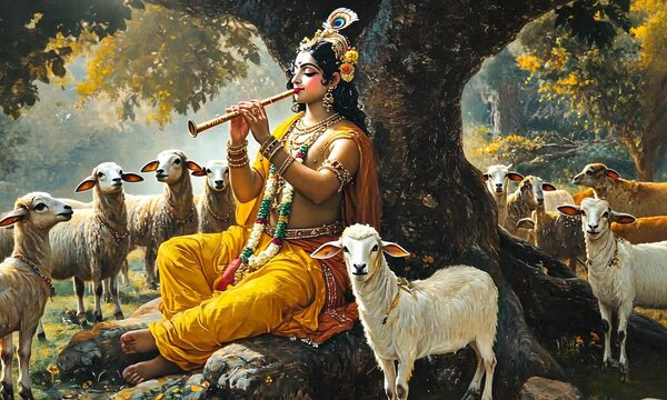 Krishna, the divine flute player, sits serenely under a tree, surrounded by a flock of sheep in a tranquil pastoral scene.