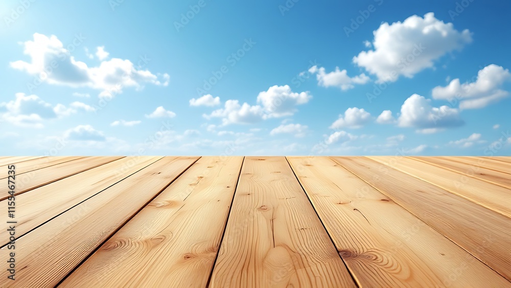 Poster top wooden table with sky blue with cloud texture background for mocking up or display product to ma