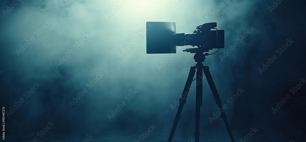 Poster a camera on a tripod surrounded by fog, creating a dramatic atmosphere.