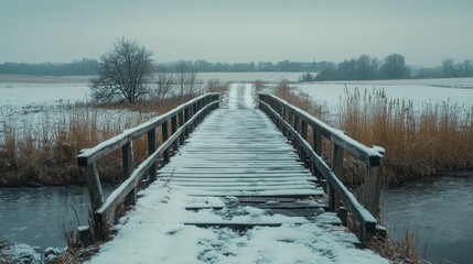 Naklejka premium Snowy wooden bridge over a frozen stream in a winter landscape.