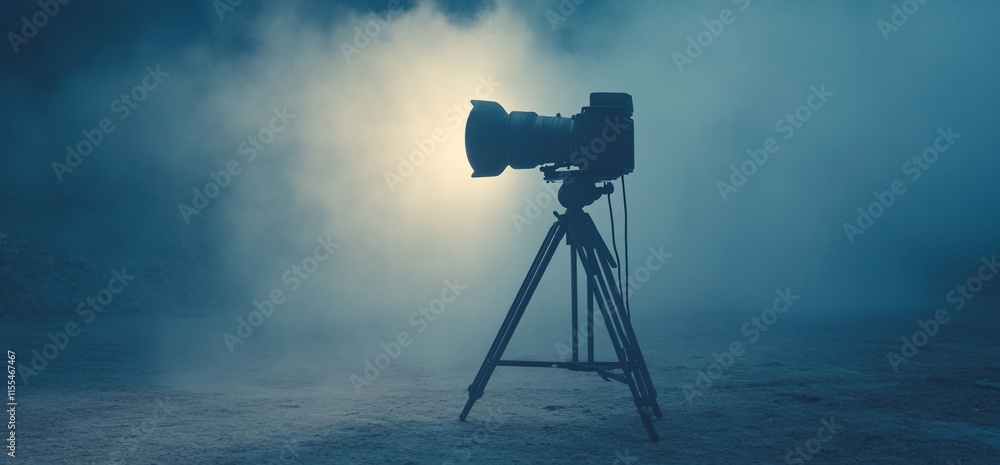 Poster a camera on a tripod surrounded by fog, capturing a mysterious atmosphere.