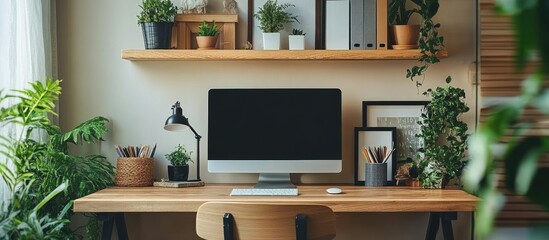 Cozy Home Office Setup with Plants and Wooden Desk