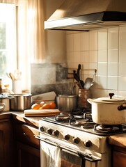 Rustic Cozy Kitchen with Vintage Stove and Sunlit Ambiance : Generative AI