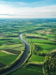 Aerial view of lush green landscape with winding river and expansive fields under clear blue sky : Generative AI