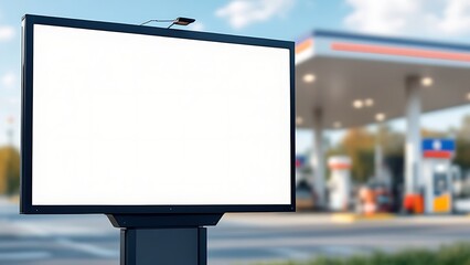 Large white blank billboard mockup displayed inside the gas station.
