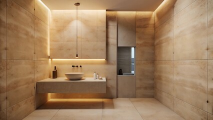 Minimalist interior design of modern Bathroom with granite light brown wall