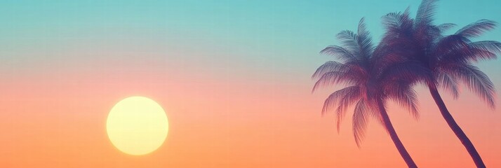 Obraz premium Relaxing sunset with palm trees silhouetted against a pastel orange and blue gradient background in a minimalist style. Generative AI