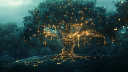 Luminous Tree of Circuits: A digital art depicting a tree with circuit board patterns, glowing softly in a dark forest.