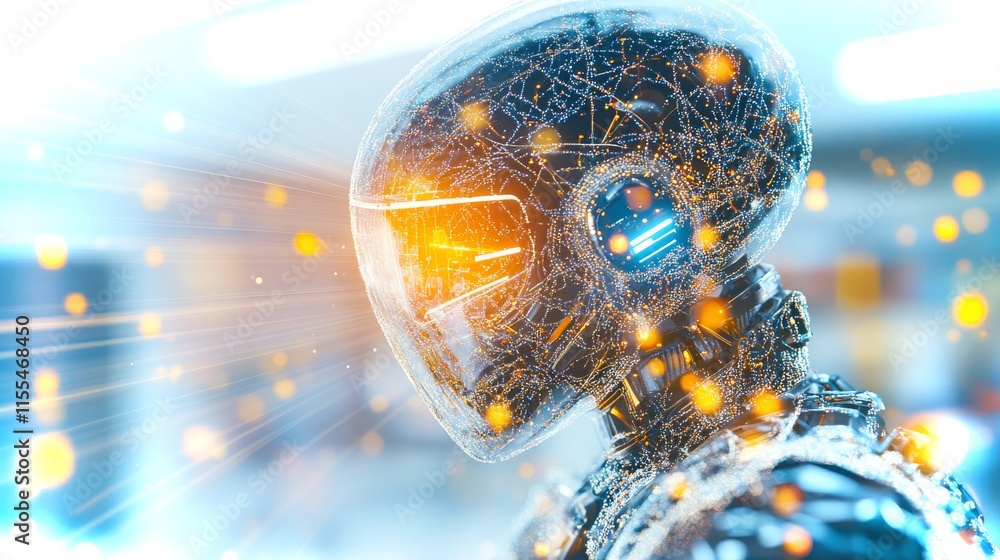 Poster ai tech exploration with a futuristic robot design featuring advanced details and glowing elements
