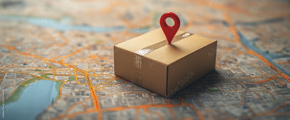 Poster a cardboard box sits on a map with a location pin, symbolizing delivery.