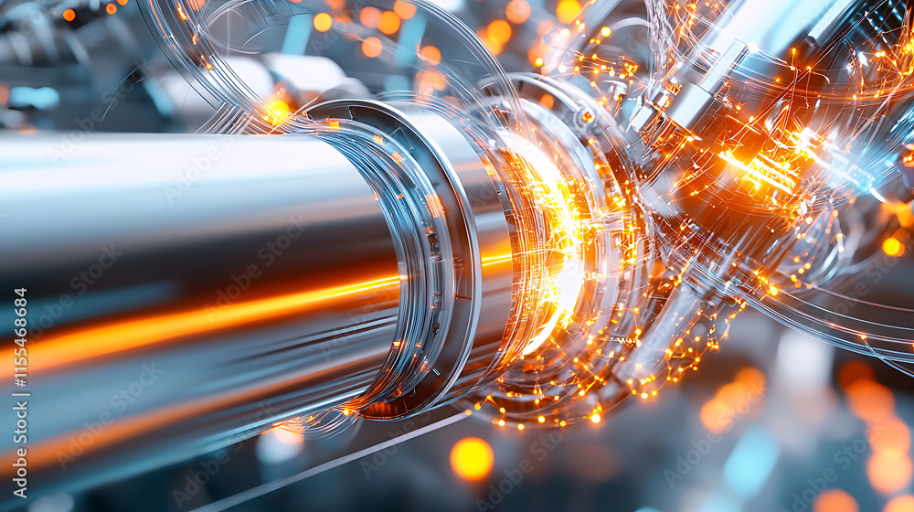 Poster dynamic mechanical interaction industrial facility 3d visualization high-tech environment close-up v