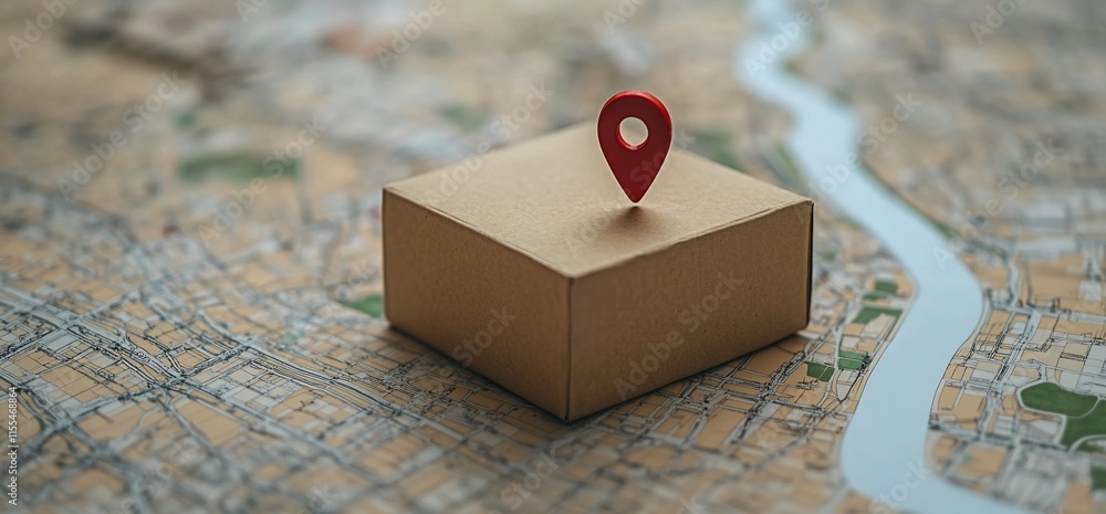 Poster a cardboard box with a location pin on a map, symbolizing delivery or logistics.